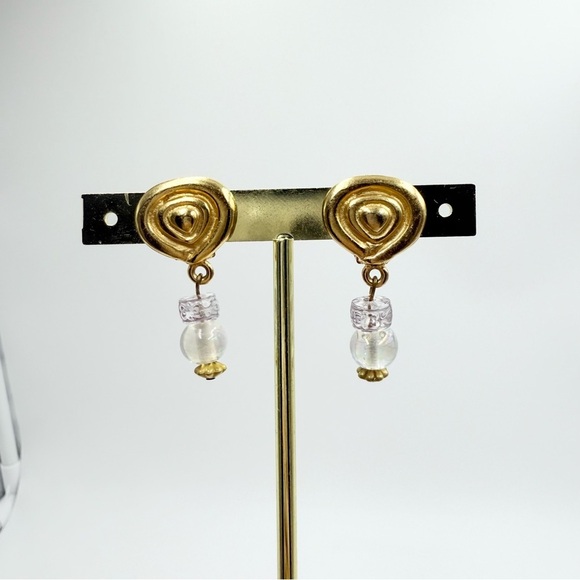 Vintage Gold Tone AURORA BOREALIS Crystal Beaded Dangle Clip Earrings - Picture 2 of 5